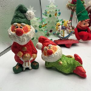 Vintage Japan Papier Mache Santa Figurines Lot of 2 Christmas Damaged 6 Inch